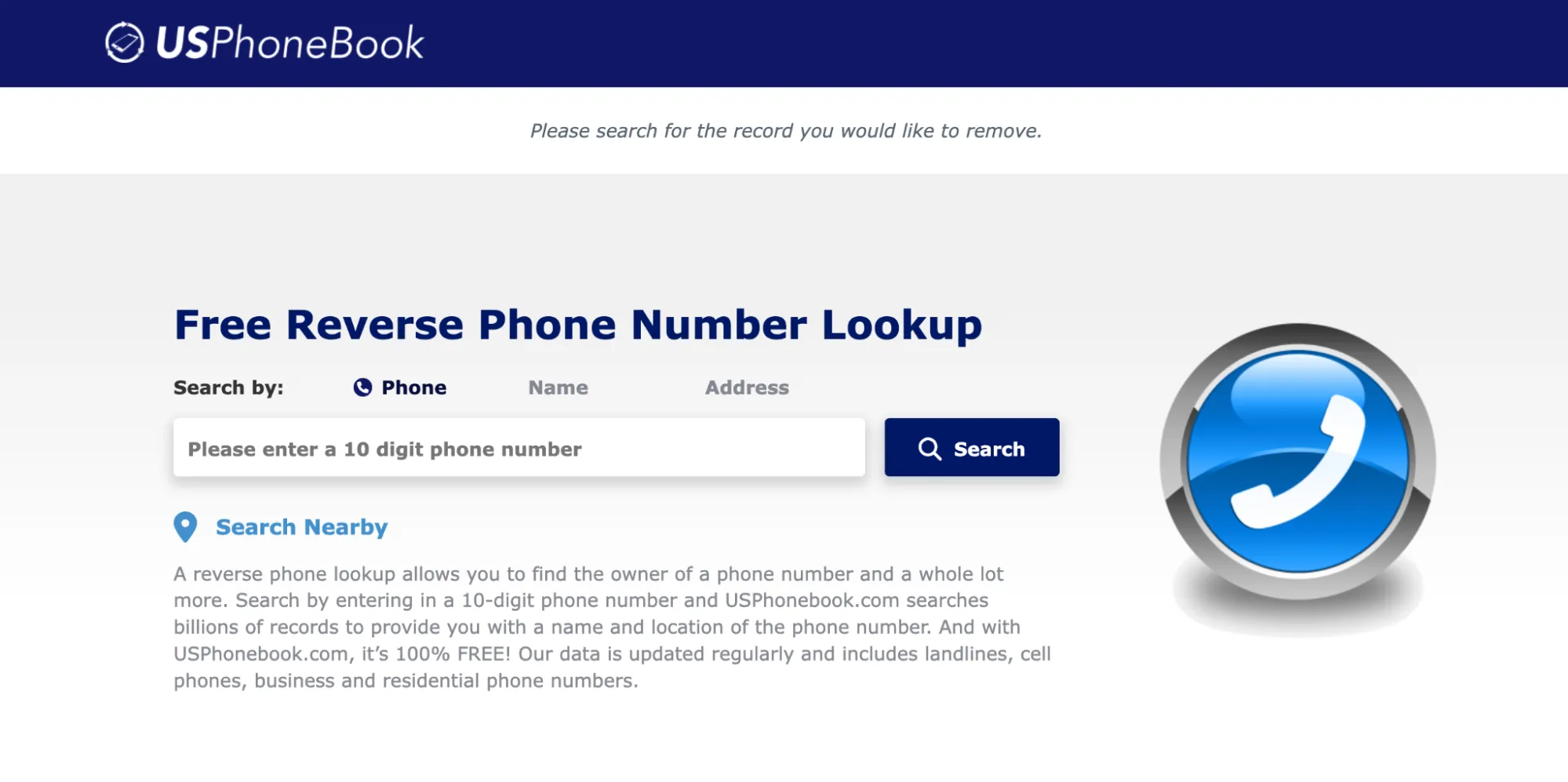 USPhoneBook.com homepage USPhoneBook homepage with a form to look up a phone number.